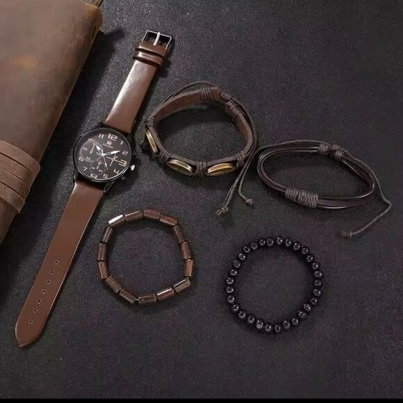Men's Watch And Bracelet Set Leather beaded layered brown new e87 - Picture 2 of 4